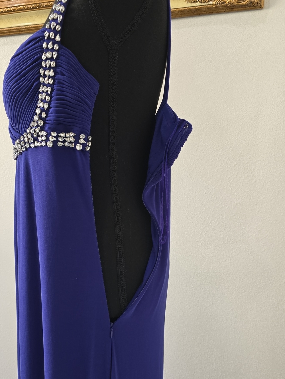 JS Boutique Royal Blue Backless Evening Gown with Crystal Trim